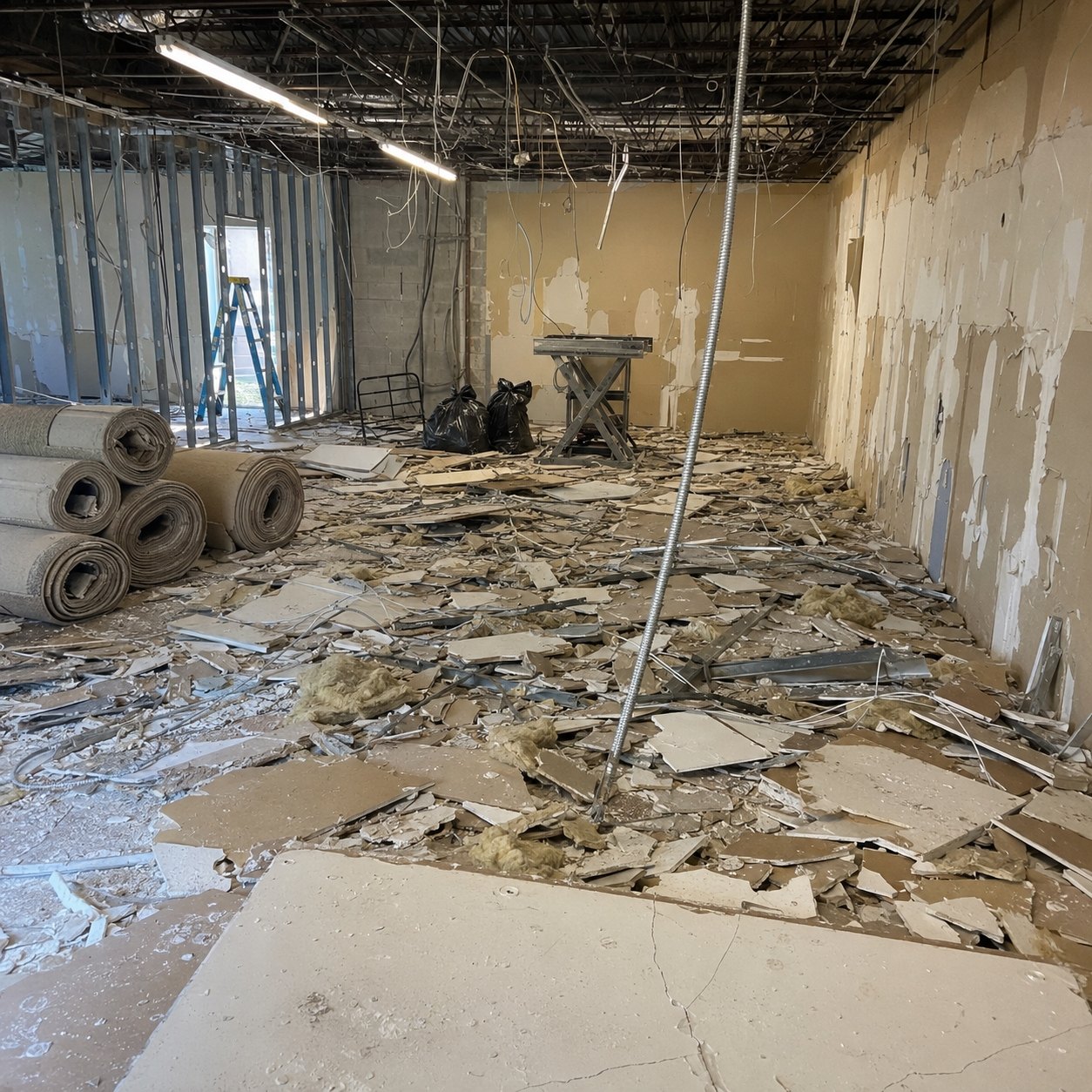 Stripped interior with carpet rolls and renovation debris